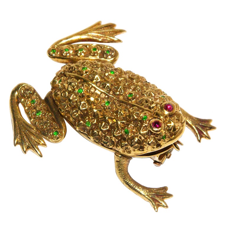 Victorian Antique Demantoid Garnet Frog Brooch For Sale