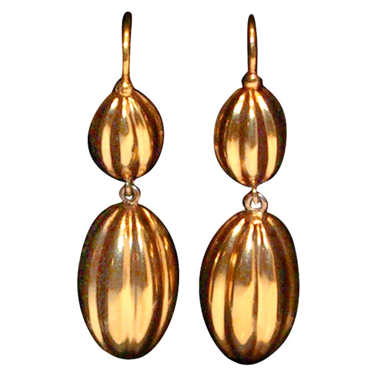Pair of Antique Melon Shaped Gold Drop Earrings For Sale