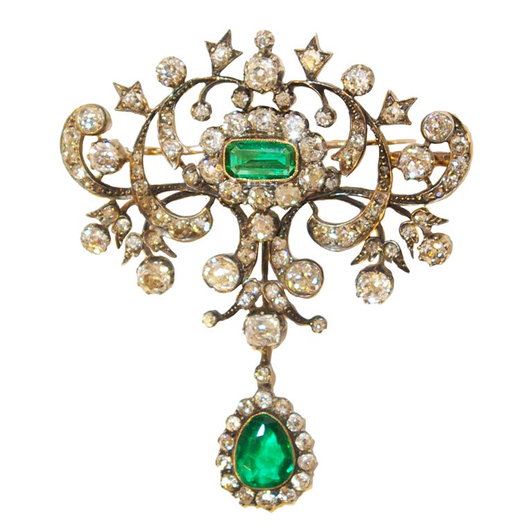 19th Century Emerald and Diamond Brooch For Sale