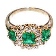 Late Victorian English Triple Cluster Diamond and Emerald Ring