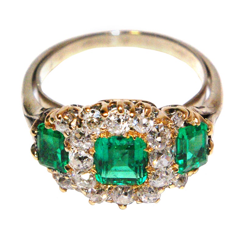 Late Victorian English Triple Cluster Diamond and Emerald Ring For Sale