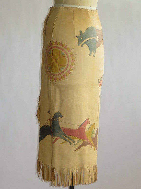 Women's Ralph Lauren painted leather skirt and silver concho buttons For Sale