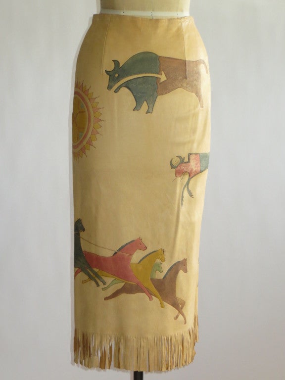 Ralph Lauren painted leather skirt and silver concho buttons For Sale 1