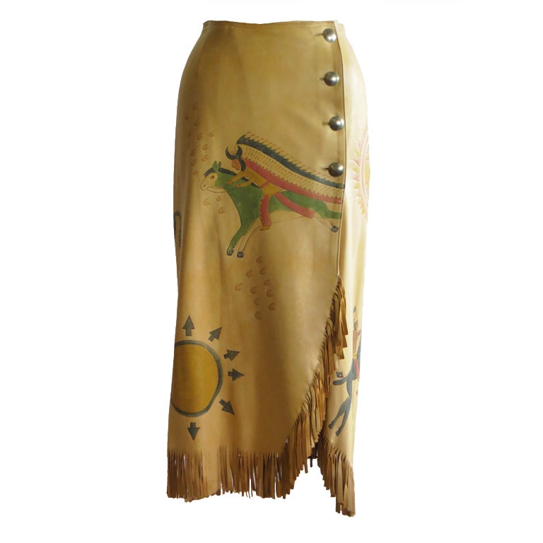 Ralph Lauren painted leather skirt and silver concho buttons For Sale