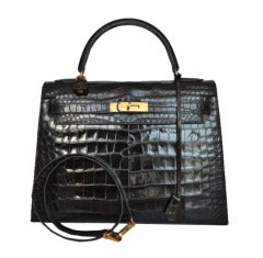 Hermes Kelly 32 handbag Ebene Porosus crocodile with gold hardware