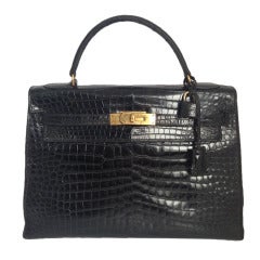 Vintage Hermes Kelly 32 handbag Porosus crocodile with gold hardware