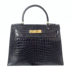 Hermes Kelly 28 black Porosus crocodile