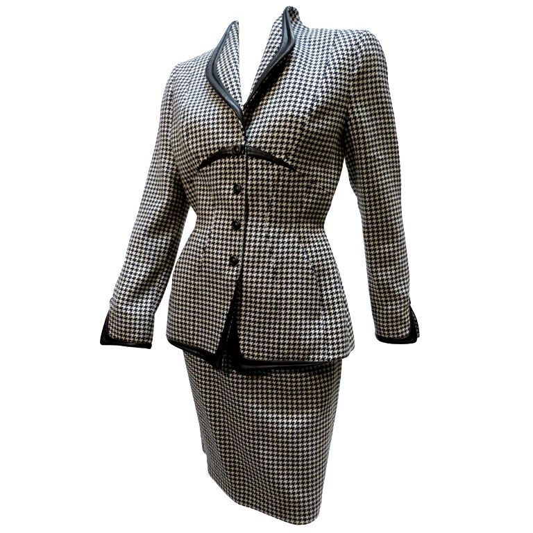 Sharp Thierry Mugler Wool Houndstooth Skirt Suit 1980s Vintage For Sale