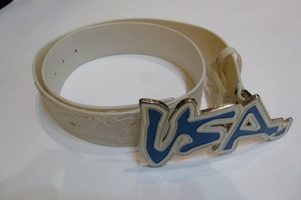 In 2002 Sprouse released a collection with Target, and the response was very positive. Mostly red, white, and blue in his graffiti style, it was young and vibrant. Sturdy and well-made, this belt has been worn, but it is still in great shape. There