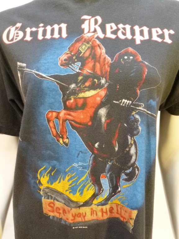 Vintage T-Shirt for the 1984 debut LP See You In Hell by British metal band Grim Reaper.

Stated size L 42-44. Bust: 18