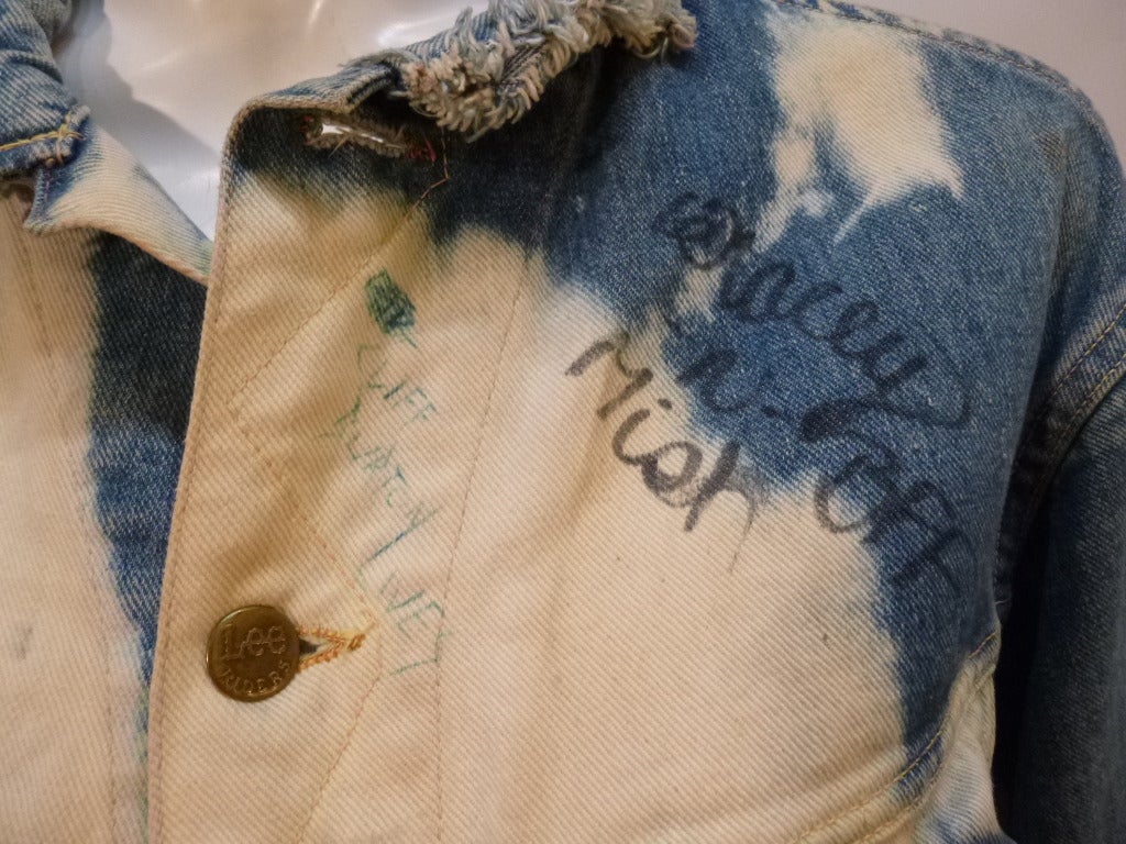 This is a one of a kind OOAK 1960s Sanforized Lee denim jacket with customized 1980s bleaching and heavy metal graffiti and drawing by a female music fan. Hand made hand drawn extreme metal fandom on display! Featured bands: Cliff Burton/metallica,