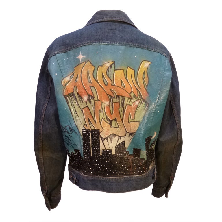 Vintage 1970s Lee Riders Denim Customized Back Painting Graffiti For Sale