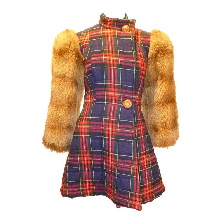 Betsey Johnson for Alley Cat 1970s Plaid Wool + Faux Fur Jacket For Sale