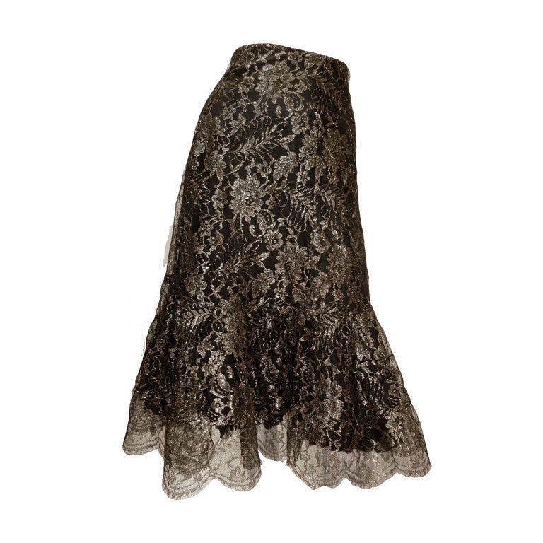 Stunning Thea Porter Couture 1970s A-Line Bronze Lace Skirt For Sale