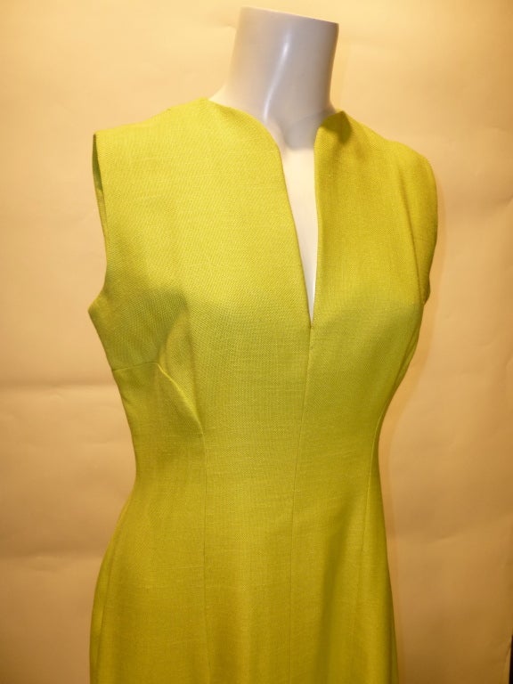 Vintage 1960s Chartreuse Trigere Sleeveless Day Dress For Sale 1
