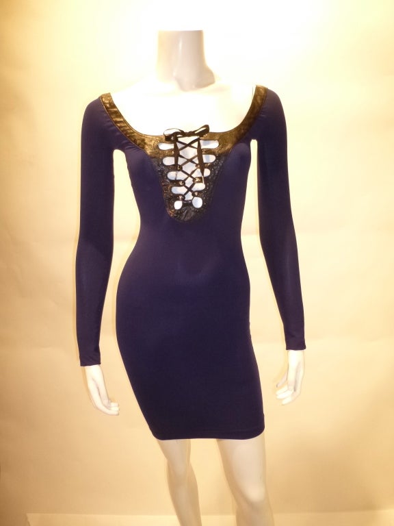 Jean Paul Gaultier Femme Tight Lycra and Leather Lace-Up Dress For Sale 5