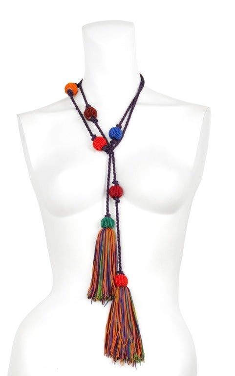 Multi color rope and tassel bead tie necklace.