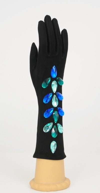 Black suede evening gloves with large colored rhinestone detailing. Sz. 6