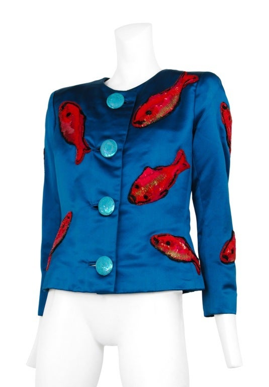 Couture vibrant turquoise heavy silk stain cropped jacket with sequin encrusted fish appliques.