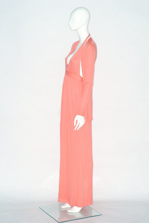 Women's 1970s Plunging Neckline Coral Jersey Gown and Cardigan For Sale