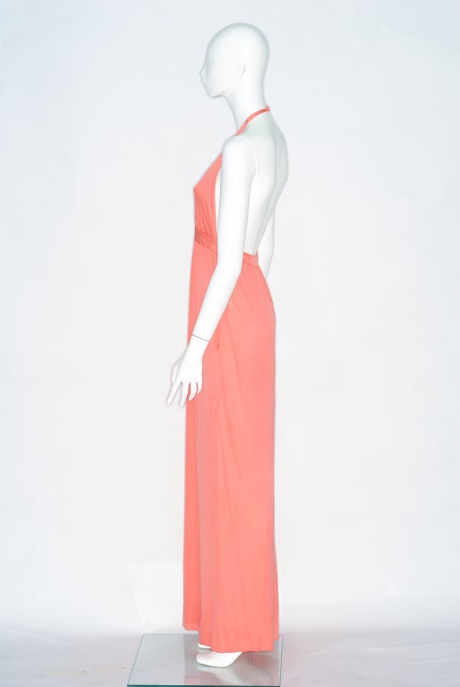 1970s Plunging Neckline Coral Jersey Gown and Cardigan For Sale 1