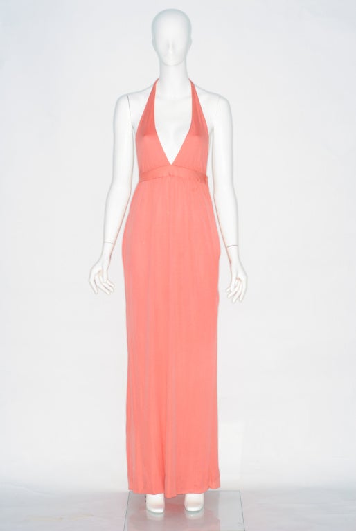 1970s Plunging Neckline Coral Jersey Gown and Cardigan For Sale 2