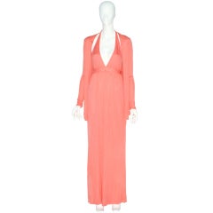 1970s Plunging Neckline Coral Jersey Gown and Cardigan