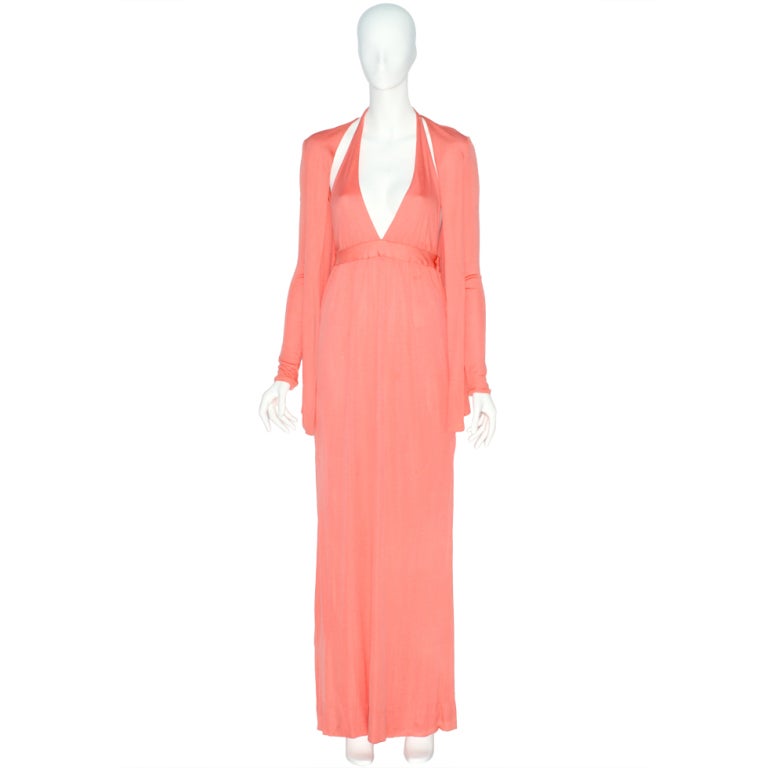 1970s Plunging Neckline Coral Jersey Gown and Cardigan For Sale