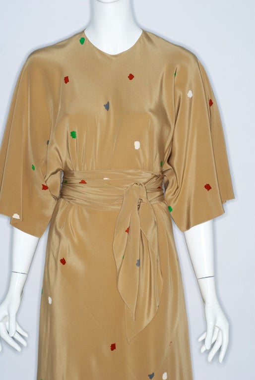 Women's Summer 1977 Halston Silk Dot Print Dress with Kimono Sleeves. For Sale