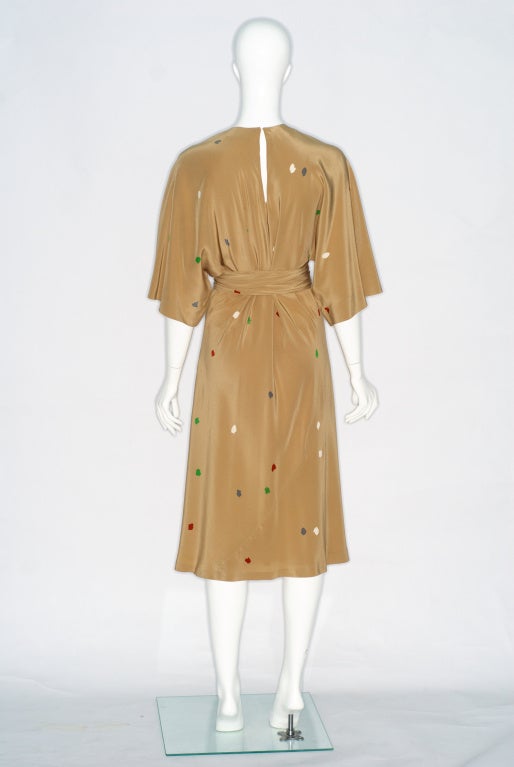 Summer 1977 Halston Silk Dot Print Dress with Kimono Sleeves. For Sale 1