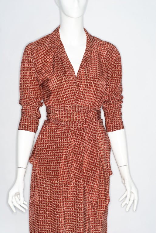 Halston Rust Colored Print Silk Wrap Blouse and Skirt For Sale 2