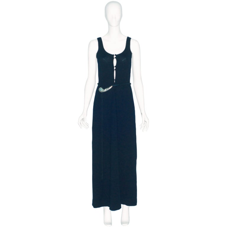 Halston Black Cashmere Gown with Keyhole Opening Neckline For Sale