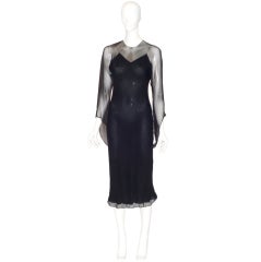 Retro Halston Black Silk Chiffon Dress with Angled Sleeves