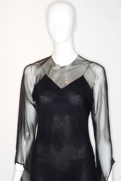 Halston Black Silk Chiffon Dress with Angled Sleeves