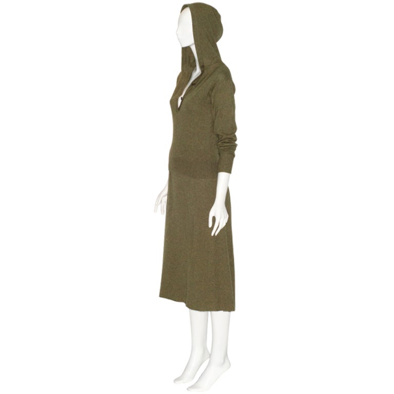 Halston Olive Green Cashmere Hooded Sweater and Skirt For Sale