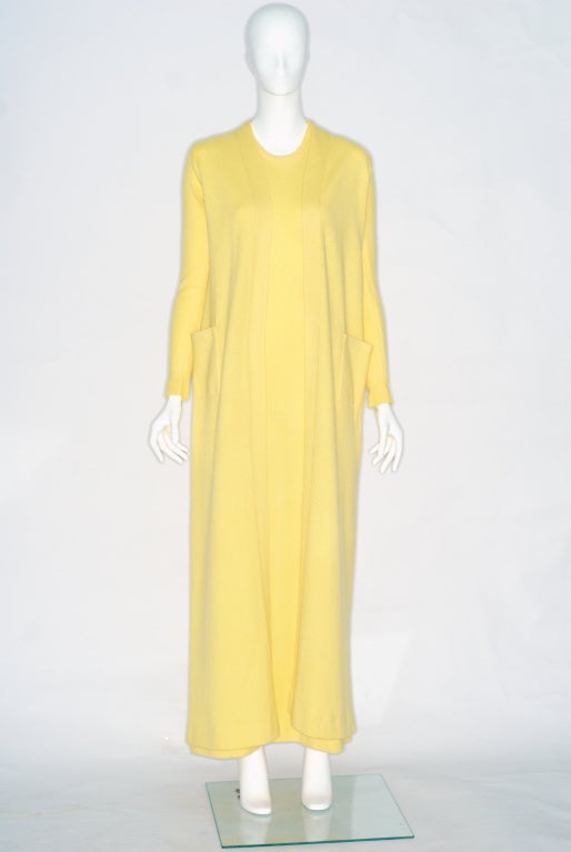 Women's 1970s Halston Yellow Cashmere Sweater Gown and Long Cardigan For Sale