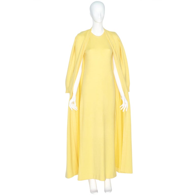 1970s Halston Yellow Cashmere Sweater Gown and Long Cardigan For Sale