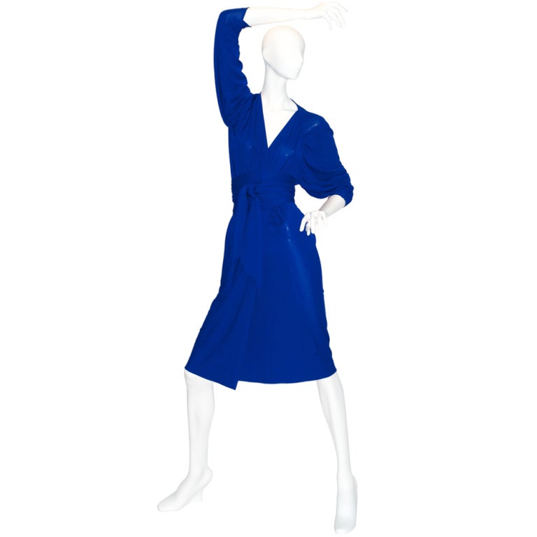 Bright Blue Jersey Dress with Gathered Sleeves For Sale