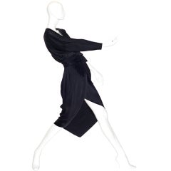 Halston Black Silk Charmeuse Wrap Dress with Angled Hem