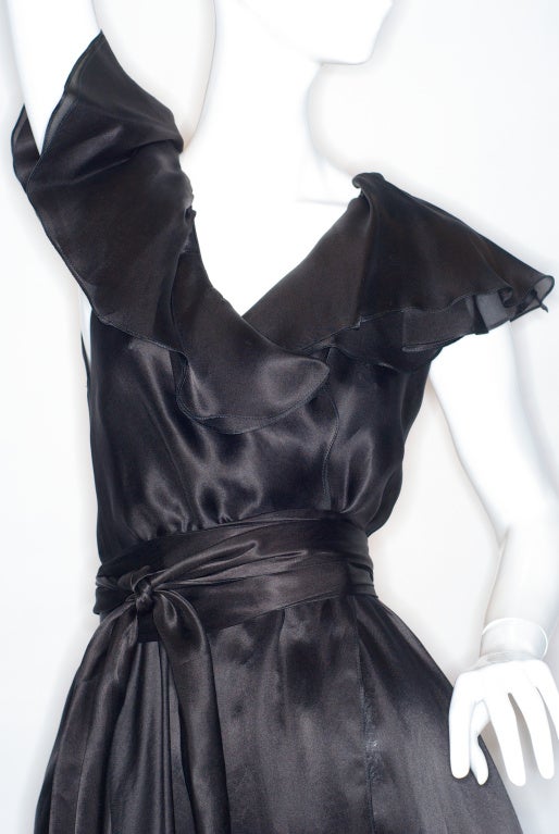 Women's Circa 1980 Halston Ruffled Black Silk Wrap Dress For Sale