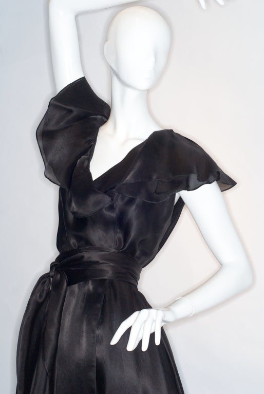 Circa 1980 Halston Ruffled Black Silk Wrap Dress For Sale 1