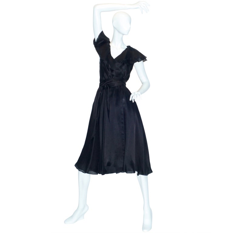 Circa 1980 Halston Ruffled Black Silk Wrap Dress For Sale