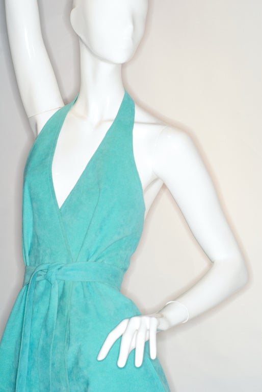 Women's Halston Turquoise Ultrasuede Wrap Halterneck Dress For Sale