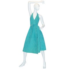 Vintage Halston Turquoise Ultrasuede Wrap Halterneck Dress