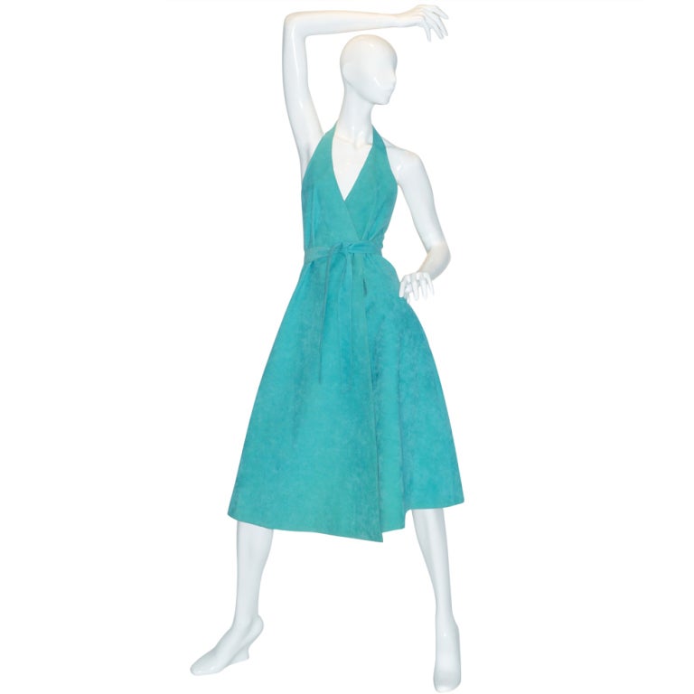 Halston Turquoise Ultrasuede Wrap Halterneck Dress For Sale