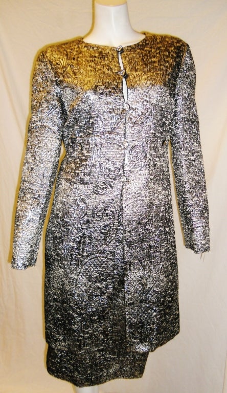 Bill Blass Silver silk Brocade Coat and skirt w Crystal Buttons