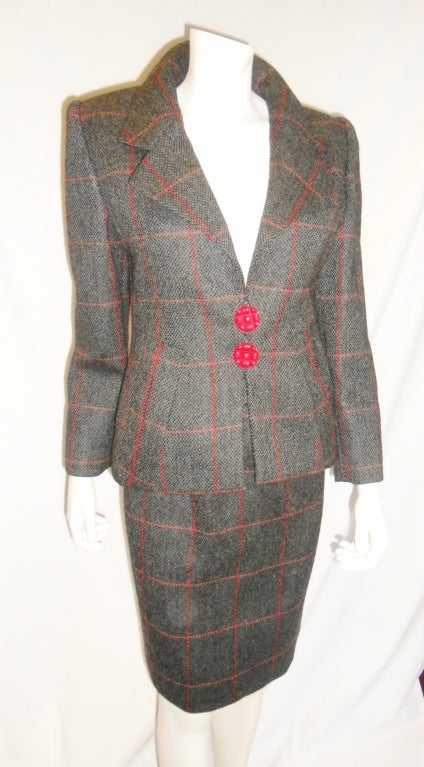 James Galanos Grey Red Tweed Plaid Skirt Suit