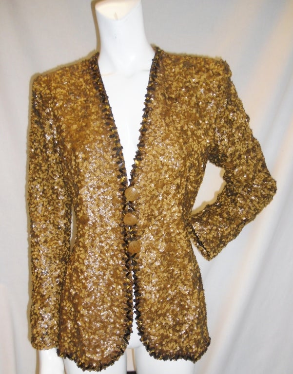 Heavily Beaded  Galanos Jacket w wood and tiger eye stone