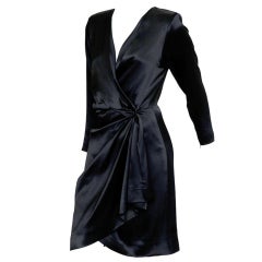 RARE YVES SAINT LAURENT RIVEGAUCHE 1980s BLACK SATIN PARTY DRESS