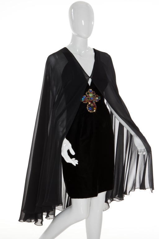 Rare Runway 80's Christian Lacroix for Jean Patou evening gown with a multicolored stones jewel in a cross shape ,  comes with black silk chiffon cape, deep plunging neckline, seductive bare back with straps worked out in a very modern